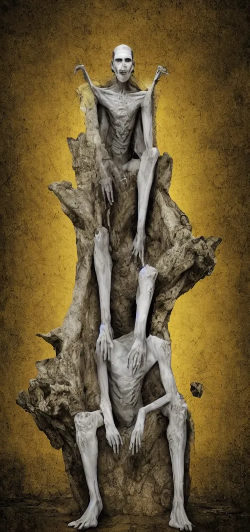 Image similar to a tall pale humanoid being sitting upon an ornate stone throne, 4K, digital art, horror, dramatic, wearing a long yellow rotting garment, dark, hyperrealistic, perspective,