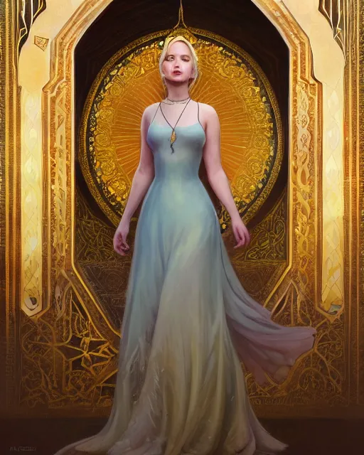 Prompt: jennifer lawrence in front of an big open quran highly detailed, gold filigree, romantic storybook fantasy, soft cinematic lighting, award, disney concept art watercolor illustration by mandy jurgens and alphonse mucha and alena aenami, pastel color palette, featured on artstation