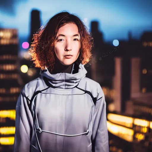 Image similar to photographic portrait of a techwear woman, closeup, on the rooftop of a futuristic city at night, sigma 85mm f/1.4, 4k, depth of field, high resolution, 4k, 8k, hd, full color