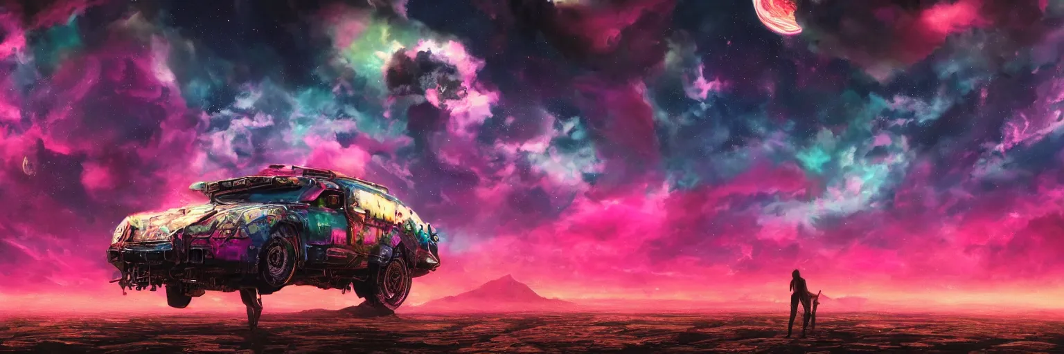 Image similar to hyperdetailed illustration, big punk face, big dog face, stars, dark, pink, big train in space, pirate neon ship, neon, oil painting, rich deep colors masterpiece, ultra detailed, contrast, heaven pink, clouds, volumetric light, atmospheric lighting, dramatic, cinematic, moody, octane render 4 k, 8 k