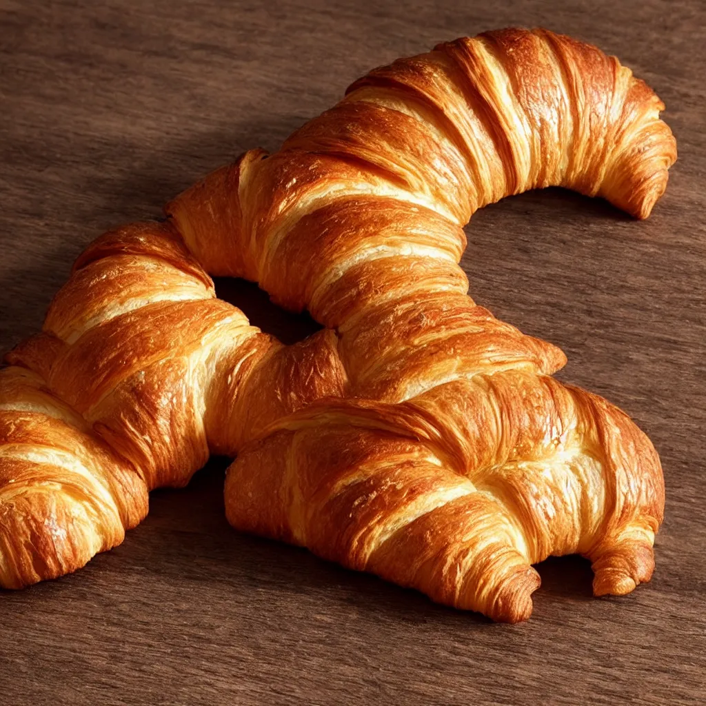 Image similar to close-up photo of a croissant on top of a wooden table, 8k, high detail, photorealistic, proper shading