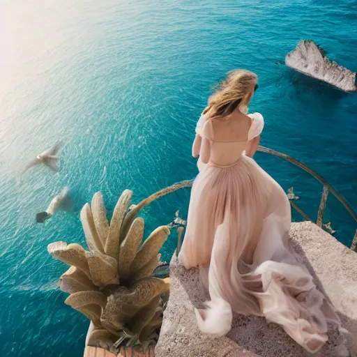 Prompt: Photostock of the honeymoon in Italy of a chic woman in Gucci with an enormous sea monster