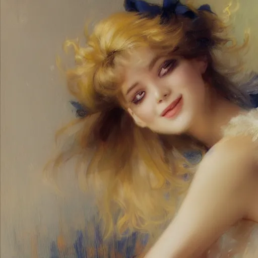 Prompt: a high fashion studio stunning portrait of a beautiful anime girl, smile, painting by gaston bussiere, craig mullins, j. c. leyendecker