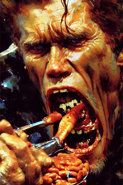 Prompt: willem dafoe screaming and crying while eating baked beans portrait dnd, painting by gaston bussiere, craig mullins, greg rutkowski, yoji shinkawa