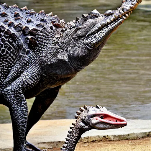 Image similar to Crocodile morphed with an ostrich, hybrid animal, picture taken in zoo, high quality