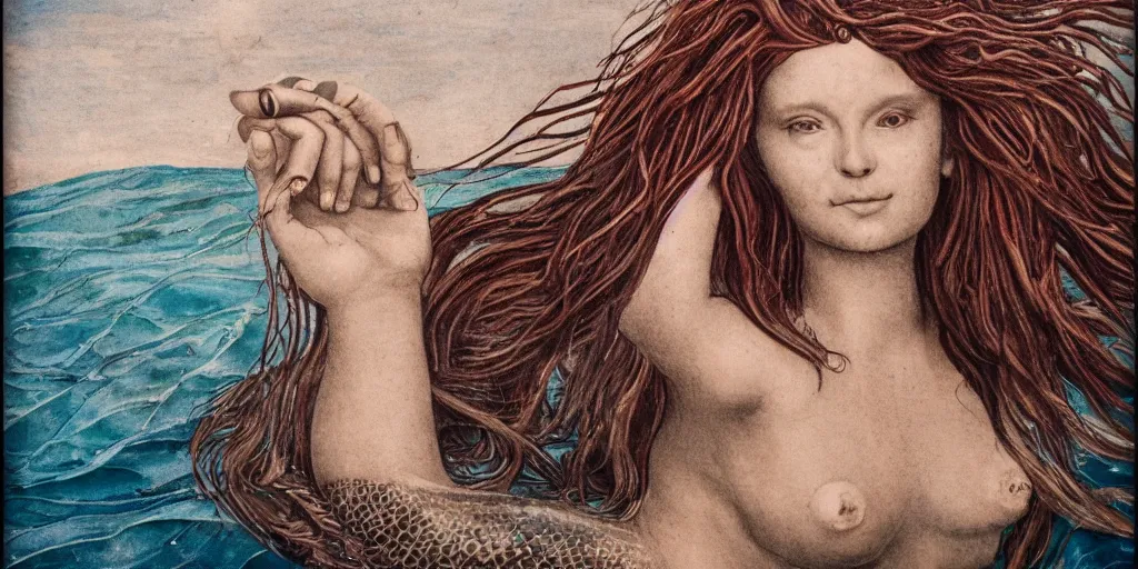 Image similar to realistic portrait of a beautiful mermaid in the sea, 1450, ink, ultra realistic, 8k