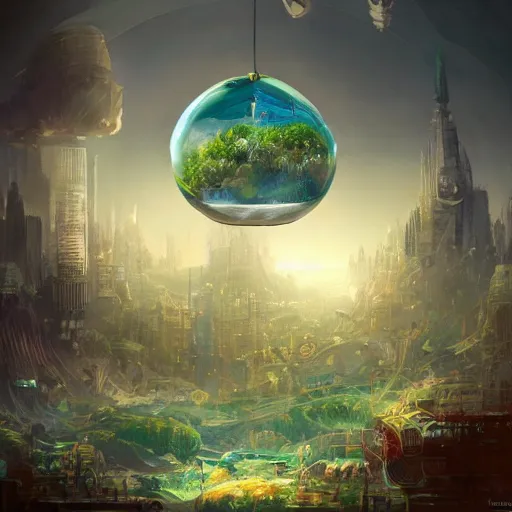 Image similar to a bubble terrarium utopia, with cities galore, dynamic lighting, fantasy concept art, trending on art station, stunning visuals, creative, cinematic, ultra detailed