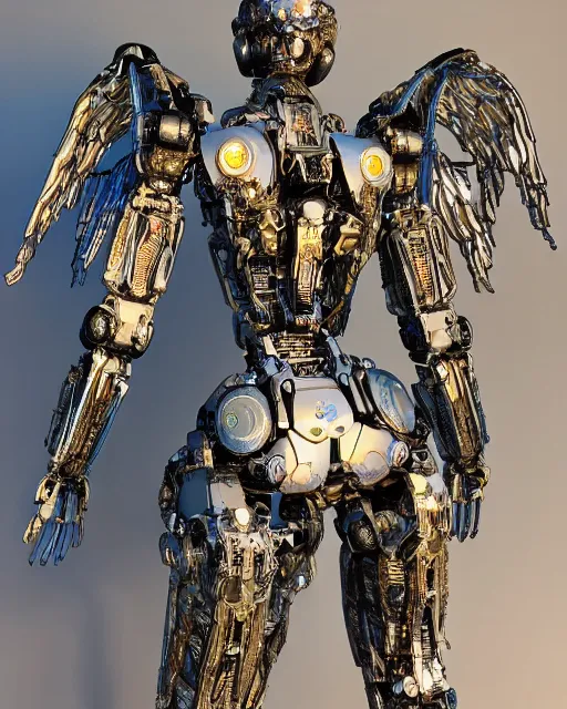 Image similar to sculpture of female angel with solarpunk mecha humanoid robotic parts with bright led lights, pudica pose gesture, by renoir, ultra - realistic and intricate, hdr 8 k