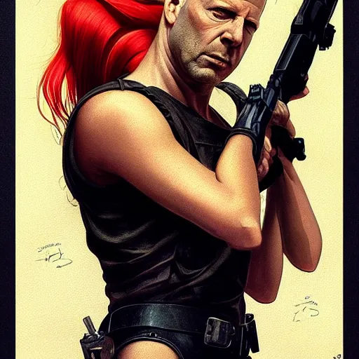 Prompt: portrait of bruce willis dressed as pin - up, holding a gun, distopic, the fifth element, futuristic, science fiction, intricate, headshot, highly detailed, digital painting, artstation, concept art, sharp focus, cinematic lighting, illustration, art by artgerm and greg rutkowski, alphonse mucha, cgsociety,