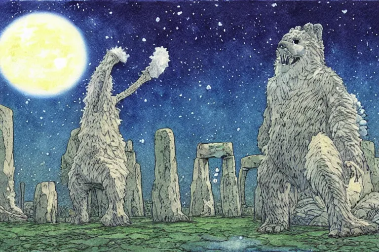 Prompt: hyperrealist studio ghibli watercolor fantasy concept art of a kaiju using stonehenge as a chair. it is a misty starry night. by rebecca guay, michael kaluta, charles vess