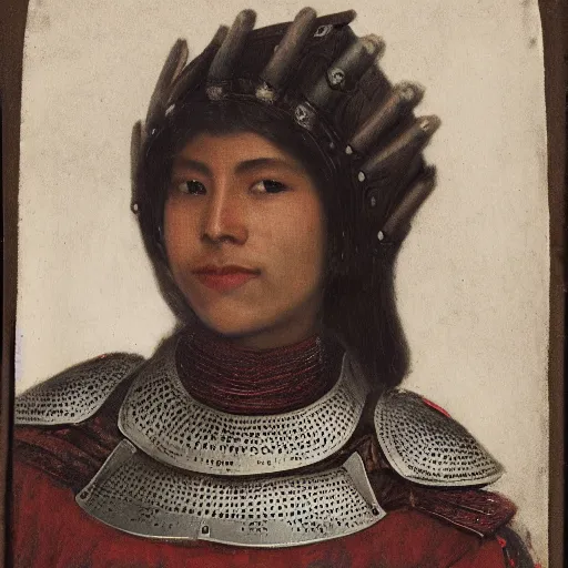 Prompt: head and shoulders portrait of a female knight, quechua!, lorica segmentata, cuirass, tonalist, symbolist, realistic, ambrotype, baroque, detailed, eagle, modeled lighting, vignetting, indigo and venetian red, angular, smiling