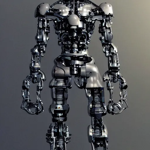 Prompt: complex chromium cybernetic endoskeleton built of spheres in a dark gray room wearing frosted glass like translucent armor plates highly detailed