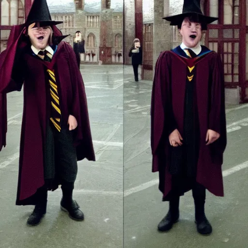 Prompt: student from harry potter wearing the sorting hat terrified