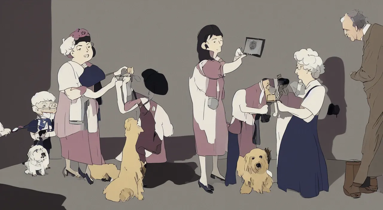 Image similar to queen of england placing a medal on the neck of a cream - colored havanese dog, england, 1 9 0 0, tartakovsky, atey ghailan, goro fujita, studio ghibli, rim light, happy, warm lighting, clear focus, very coherent