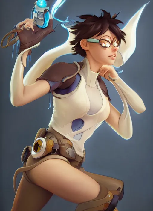 Prompt: cute tracer, natural lighting, path traced, highly detailed, high quality, digital painting, by don bluth and ross tran and studio ghibli and alphonse mucha, artgerm