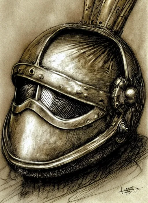 Prompt: toad sits in a knight's helmet, engraving, concept art, illustration, smooth, sharp focus, by luis royo