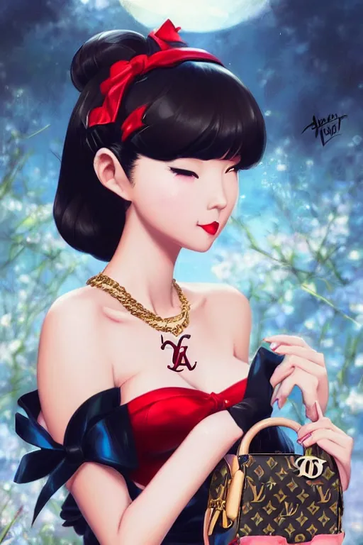 Image similar to a pin up and beautiful fashion dreamlke japan girl with lv jewelry, character art, art by artgerm and wlop and and ilya kuvshinov, hyperdetailed, 8 k realistic, symmetrical, frostbite 3 engine, cryengine, dof, trending on artstation, digital art, chanel, dior, fantasy background