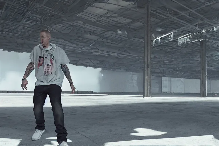 Image similar to eminem rapping in an empty parking lot, hyper detailed, smooth, unreal engine, sharp focus, ray tracing