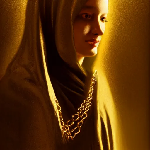 Image similar to a portrait of a young woman wearing a long dark cloak, hood and shadows covering face, holding golden chains, oil painting, matte painting, black background, Volumetric Golden dappled dynamic lighting, Highly Detailed, Cinematic Lighting, Unreal Engine, 8k, HD, by Beksinski