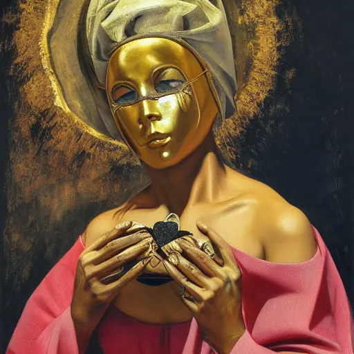 Image similar to Realistic painting of beautiful woman in gold mask who holds black heart, broken into pieces mask like mirror, black cloth, the long shot, dramatic lighting, high-detailed oil painting by Ilya Repin, William Blake, Michelangelo da Caravaggio and Beksinski, masterpiece, 4k