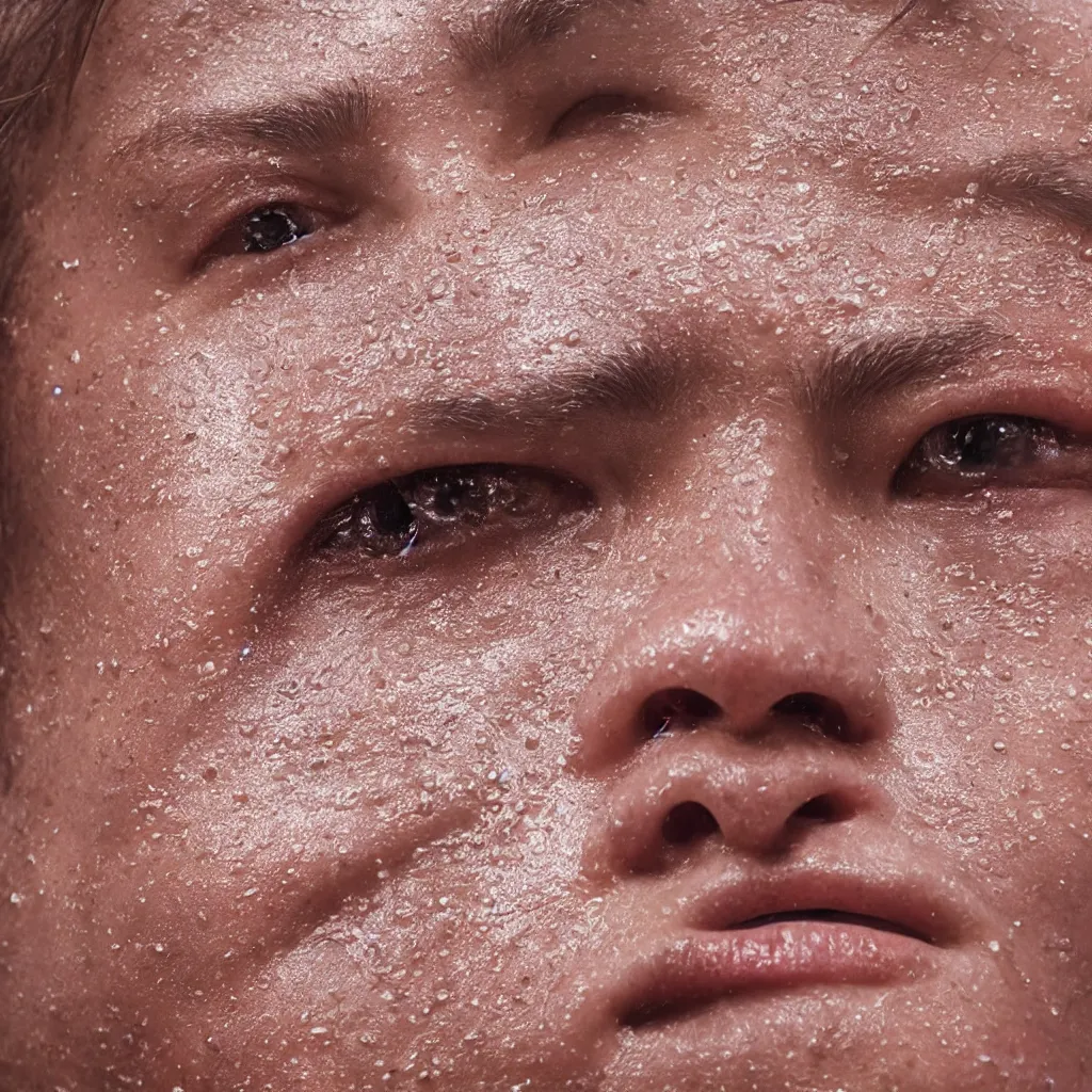 Prompt: a closeup photorealistic photograph of glistering sweaty skin face professional capture, well lit shot, extra crisp, features intricate detail, epic composition and the style of unreal engine 8 k resolution.