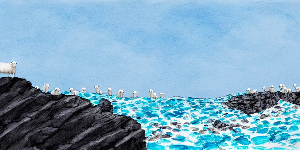 Prompt: forty five white sheep racing towards a single cliff made of jagged rock and we can see them falling like lemmings down the cliff into the sea and facing the crashing white waves, there is one single black sheep going against the crowd, clear blue skies, old colored sketching, panoramic shot