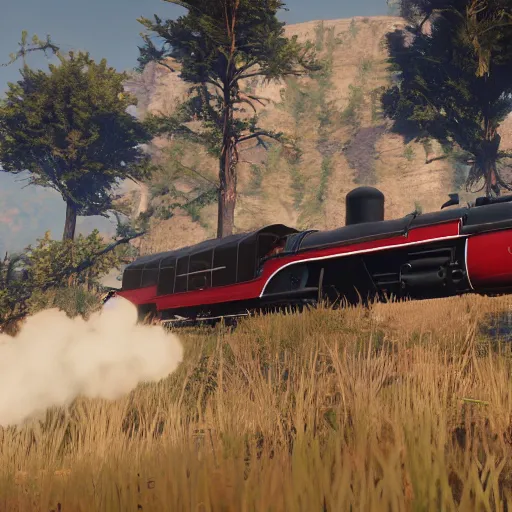 Image similar to futuristic sleek steam locomotive in red dead redemption 2