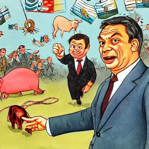 Prompt: pig chasing with hungarian prime minister viktor orban, highly detailed children book illustration from 1 9 7 0