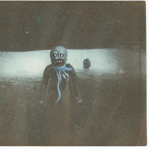 Image similar to really old polaroid photograph of horrorific extraterrestrial beings visiting earth,