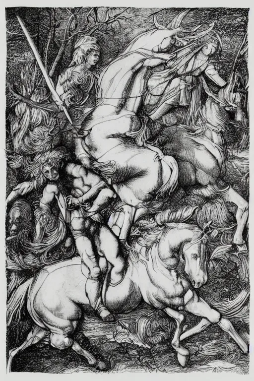 Image similar to “8k ink drawing of Diana huntress in thick forest, Horses in run, intricate in style of Michelangelo and Albrecht Durer, hand made paper”