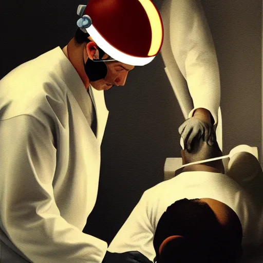 Image similar to A surgeon operating on the head of a patient, dramatic lighting, digital art