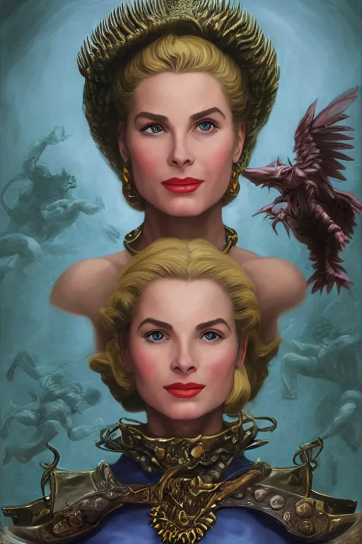 Image similar to A fantasy comic book style portrait painting of Grace Kelly, as an Atlantean Reptilian Warrior, Mystical Valkyrie, François Boucher, Oil Painting, unreal 5, DAZ, hyperrealistic, octane render, Regal, Refined, Detailed Digital Art, RPG portrait, William-Adolphe Bouguereau, Michael Cheval, Walt Disney (1937), Steampunk, dynamic lighting, Highly Detailed, Cinematic Lighting, Unreal Engine, 8k, HD