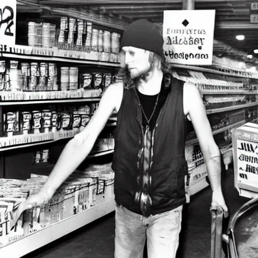 Prompt: layne staley working as a grocery store cart attendant and wearing an orange hivis vest