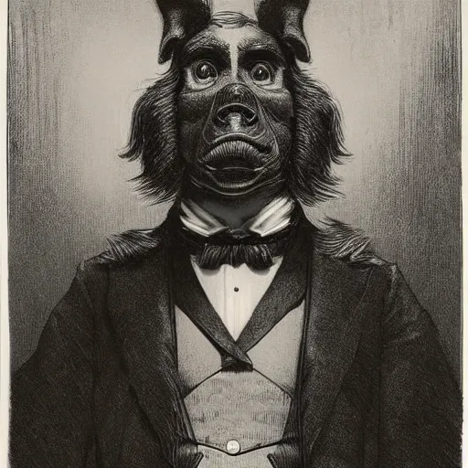 Prompt: a pig in a tuxedo, creepy atmosphere, dark, portrait, realistic portrait, beautiful, close up, very realistic, illustration by Gustave Doré