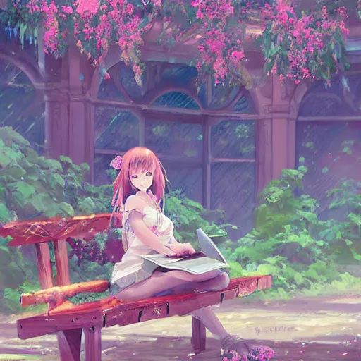 Image similar to advanced digital art. A beautiful girl is sitting on a bench reading in an abandoned train station overgrown with vines and flowers. Digital Anime painting. Sakimichan, WLOP, RossDraws, pixivs, Makoto Shinkai. —H 2160