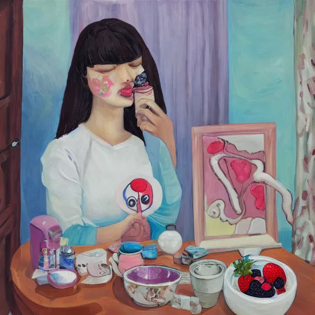 Image similar to a self - portrait in a female artist's bedroom, a crying emo girl eating pancakes, berries, surgical equipment, handmade pottery, flowers, sensual, octopus, neo - expressionism, surrealism, acrylic and spray paint and oilstick on canvas