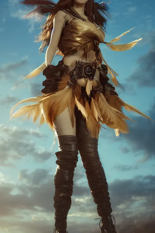 Image similar to beautiful young wind spirit, leather top, feather skirt, , golden hour, full body, post apocalyptic setting, medium shot, mid-shot, highly detailed, trending on Artstation