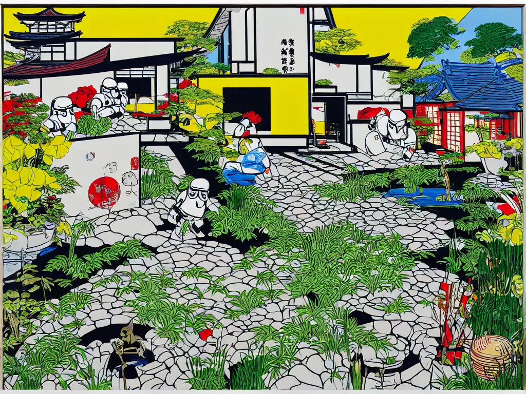 Image similar to detailed composition of the japanese home with a garden and a pond, 2 stormtroopers sitting around it, pop - art style, jacky tsai style, andy warhol style, roy lichtenstein style, rich palette, acrylic on canvas