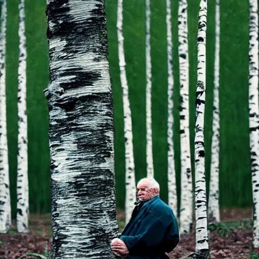 Image similar to photograph of an old man in a birch grove, medium format, shallow depth of field, tarkovsky