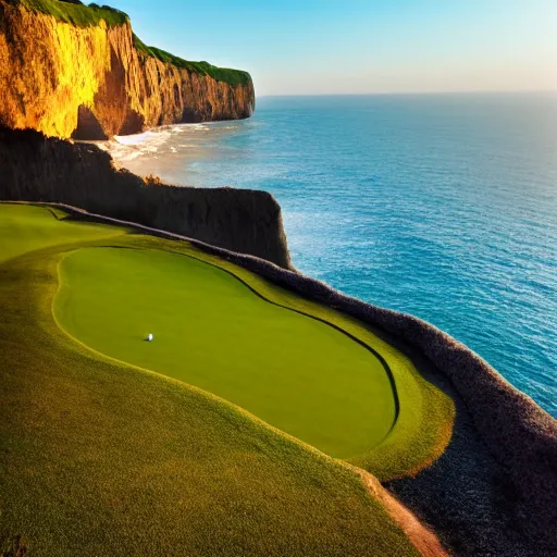 Image similar to a great photograph of the most amazing golf hole in the world, cliffs by the sea, perfect green fairway, human perspective, ambient light, 5 0 mm, golden hour