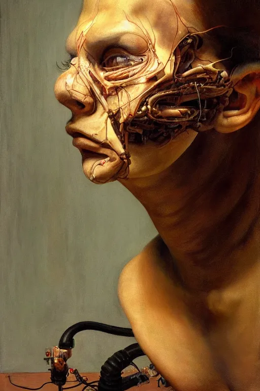 Prompt: beautiful oil clean painting biomechanical portrait face with eyes connected with cables to complex machine by edward hopper, wayne barlowe, rembrandt, complex, stunning, realistic skin color, 4 k, high res, awardwinning, masterpiece, realistic lighting