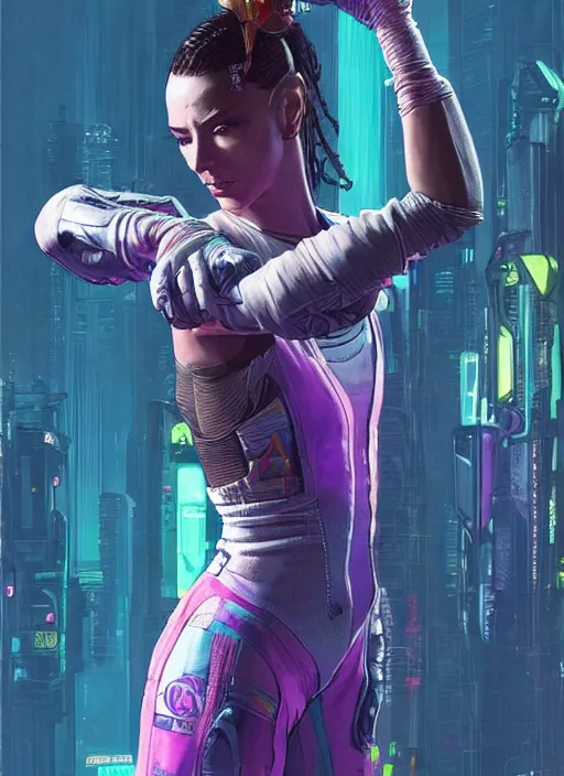 Image similar to maria. apex legends cyberpunk gymnast. concept art by james gurney and mœbius. gorgeous face, cinematic, dramatic lighting ( cyberpunk 2 0 7 7 ), clean aesthetic