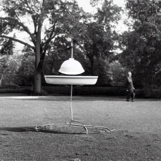 Prompt: an Adamski-style flying saucer landing in a park, 1950s photo