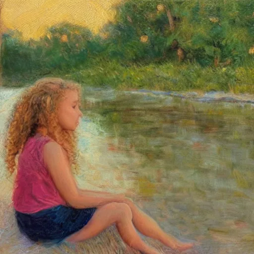 Image similar to girl with curly blonde hair sits next to her white pitbull, sitting on a riverbank watching the sunset, painting by marc fishman