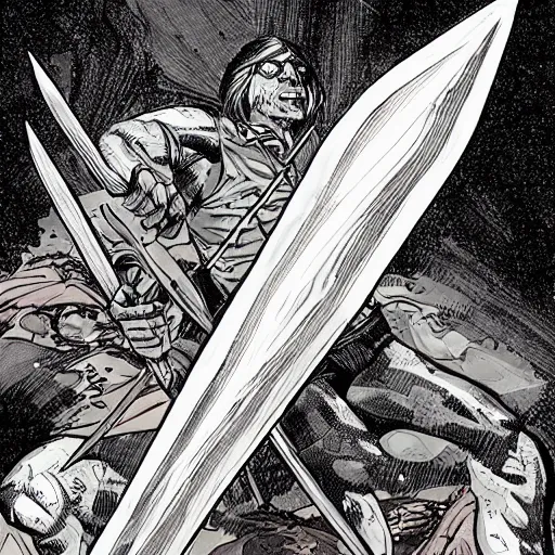 Prompt: precisely drawn illustration of alabaster spear with silver spear point, wide angle, sharp, fine details, french comic style, vibrant realistic colors, full color, heroic fantasy, intense line art, 8 k, precise linework, realistic, in the style of heavy metal comics and richard corben and moebius