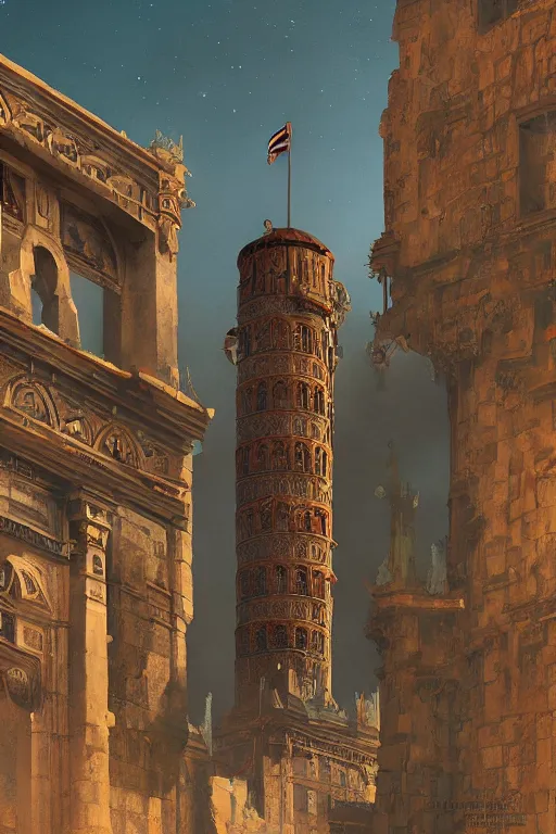 Image similar to painted tower of the moon, by Sylvain Sarrailh and Ludwig Deutsch, dramatic cinematic lighting , beautiful tilework, ornate architecture, smooth, sharp focus, extremely detailed