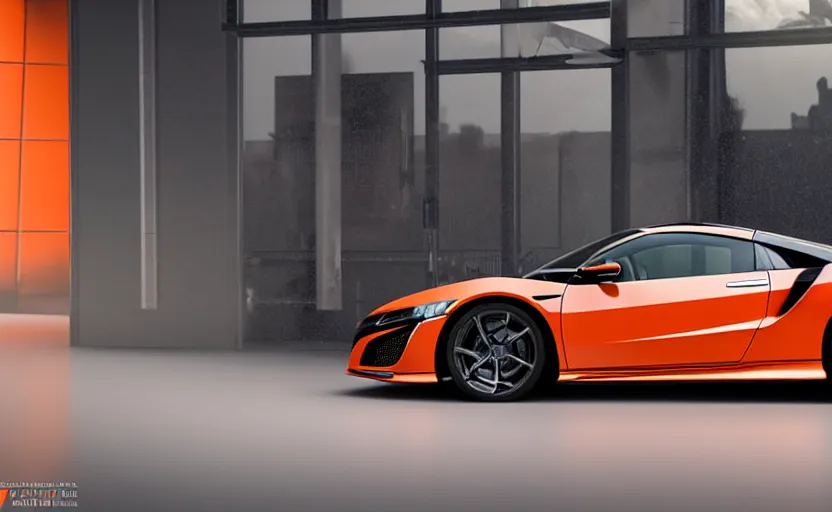 Image similar to honda nsx, futuristic car, symmetrical mechanical features, designed by polestar, night tokyo metropoly, cyberpunk, elegant, matte papaya orange paint, internal wheels, hard surfaces modelling, dramatic, ray tracing, realistic reflections, ultra realistic rendering, bokeh effect, sharp focus