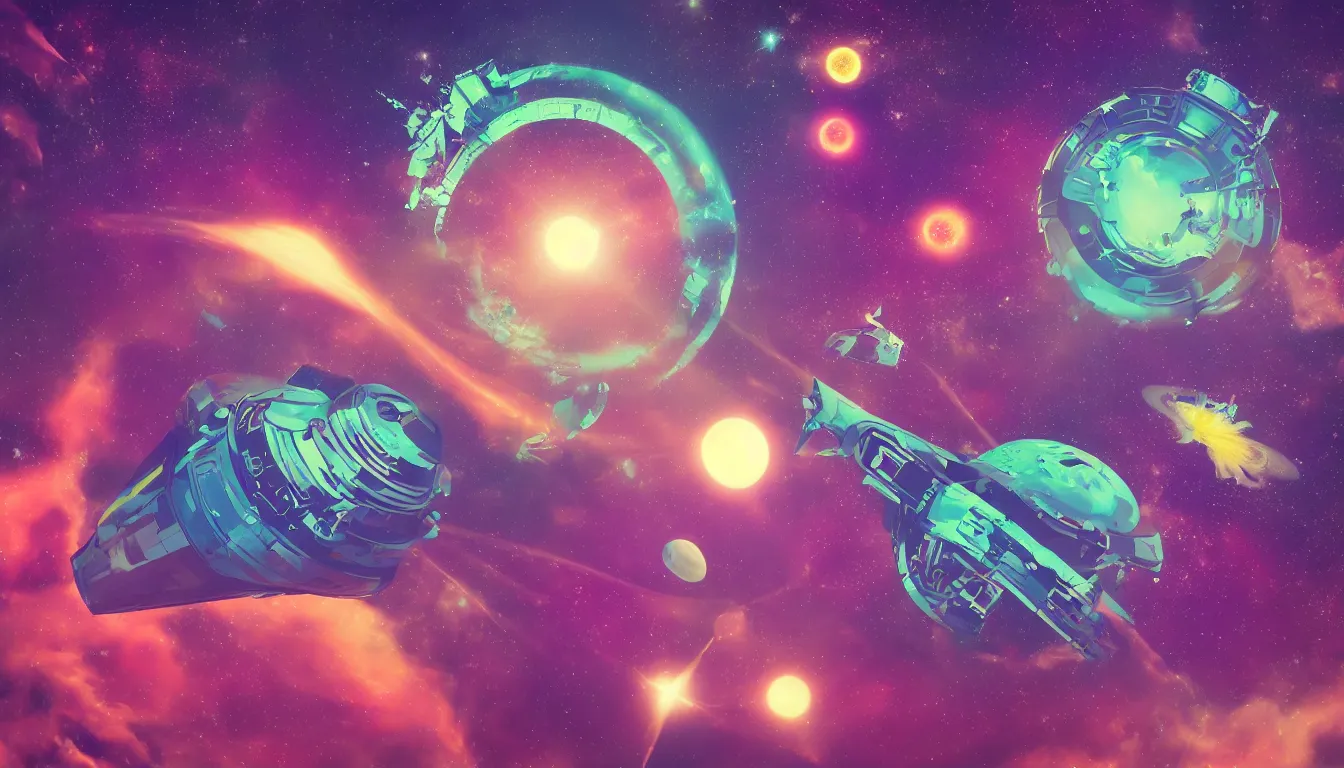 Prompt: spaceship in space with planets and nebulas, psychedelic, vaporwave