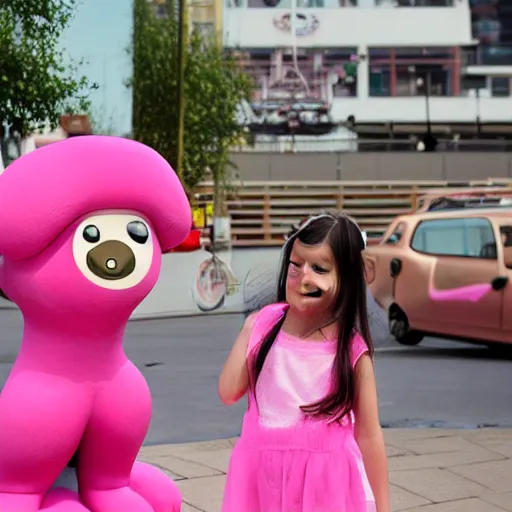 Prompt: a little girl standing beside a giant pink dog, pixar - n 8