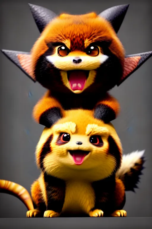 Image similar to high quality 3 d render hyperrealist very cute gothic grumpy dragon & red panda hybrid eating cheese, vray smooth, in the style of detective pikachu, very dramatic light, low angle, uhd 8 k, shallow depth or field